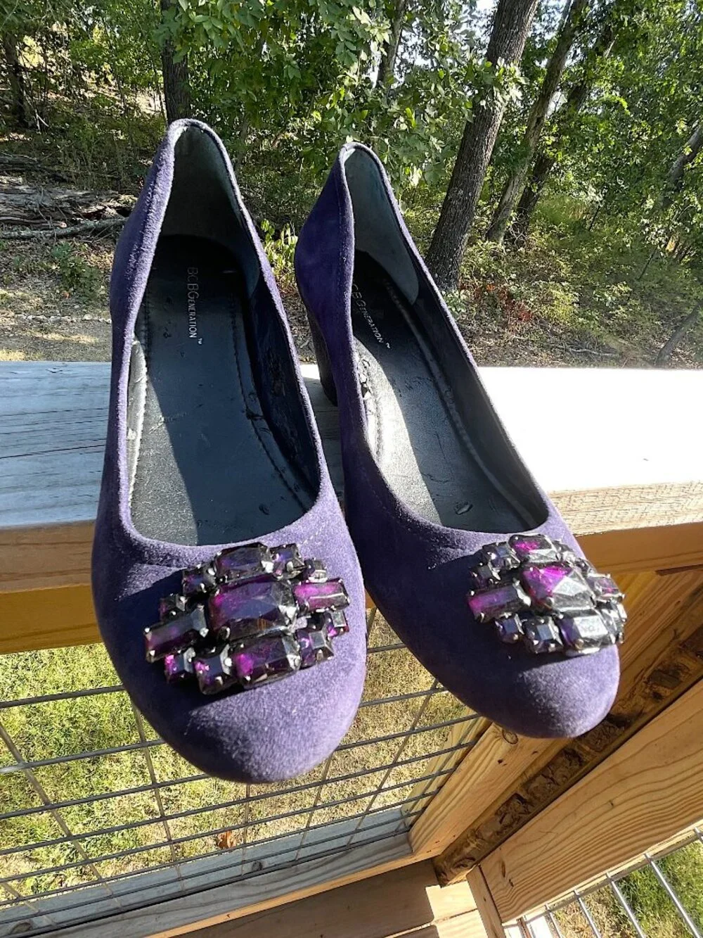 Glam Night Out BCBGeneration Blue Suede Bejeweled Wedges Size 7.5
